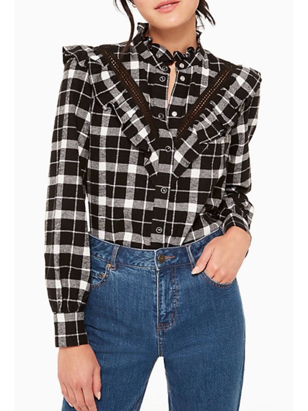 Kate Spade Black and White Plaid Ruffled Blouse Large